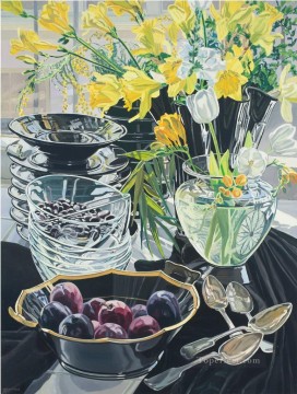 Photorealism Still Life Painting - flowers in glass and fruits JF realism still life